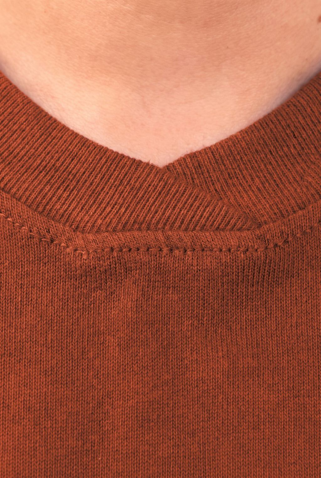 Close-up of the ribbed V-neck collar with stitched tab on the brown tee
