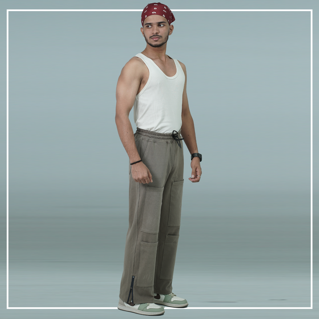 Premium Knit Denim Earth Toned Grey Pockets Trouser