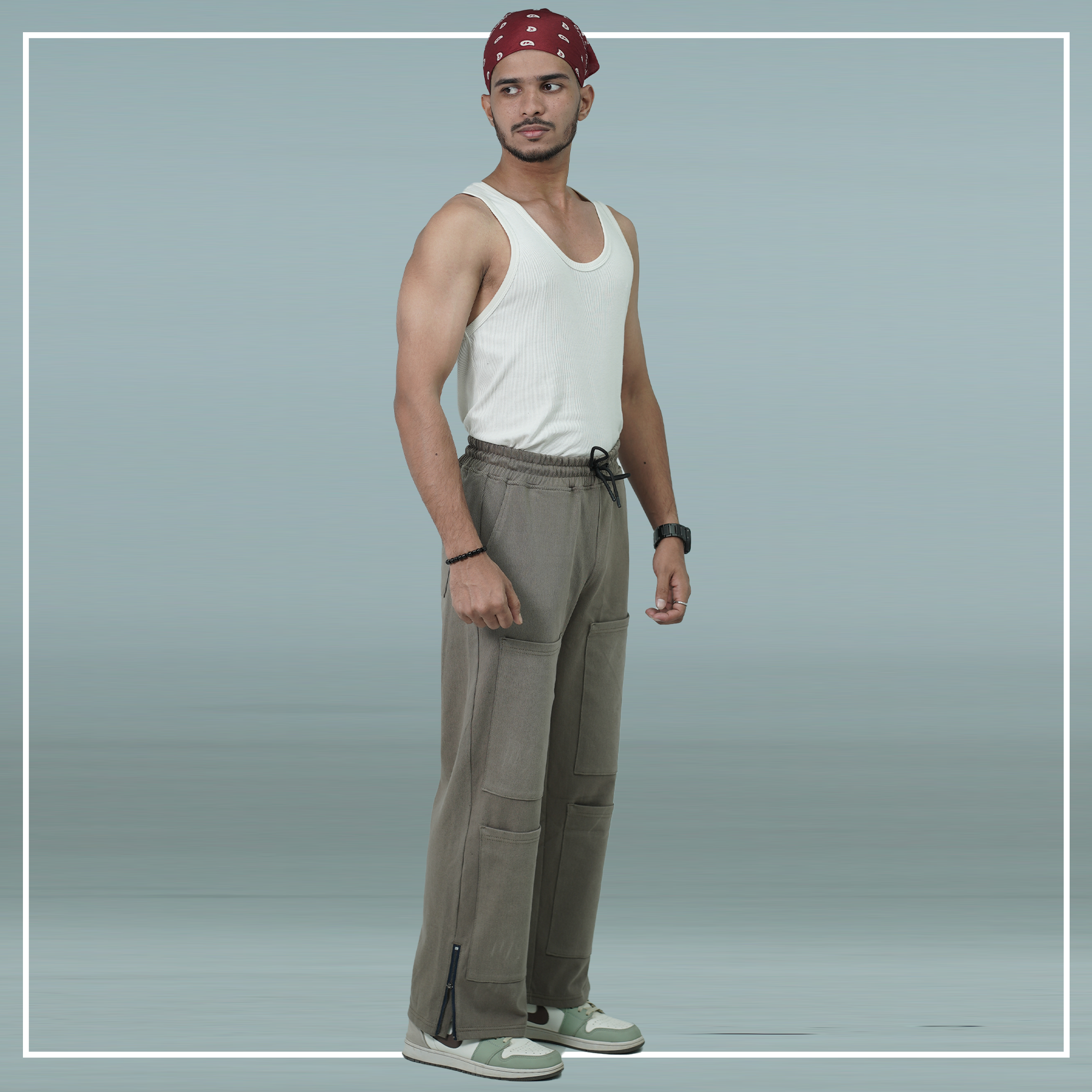 Premium Knit Denim Earth Toned Grey Pockets Trouser