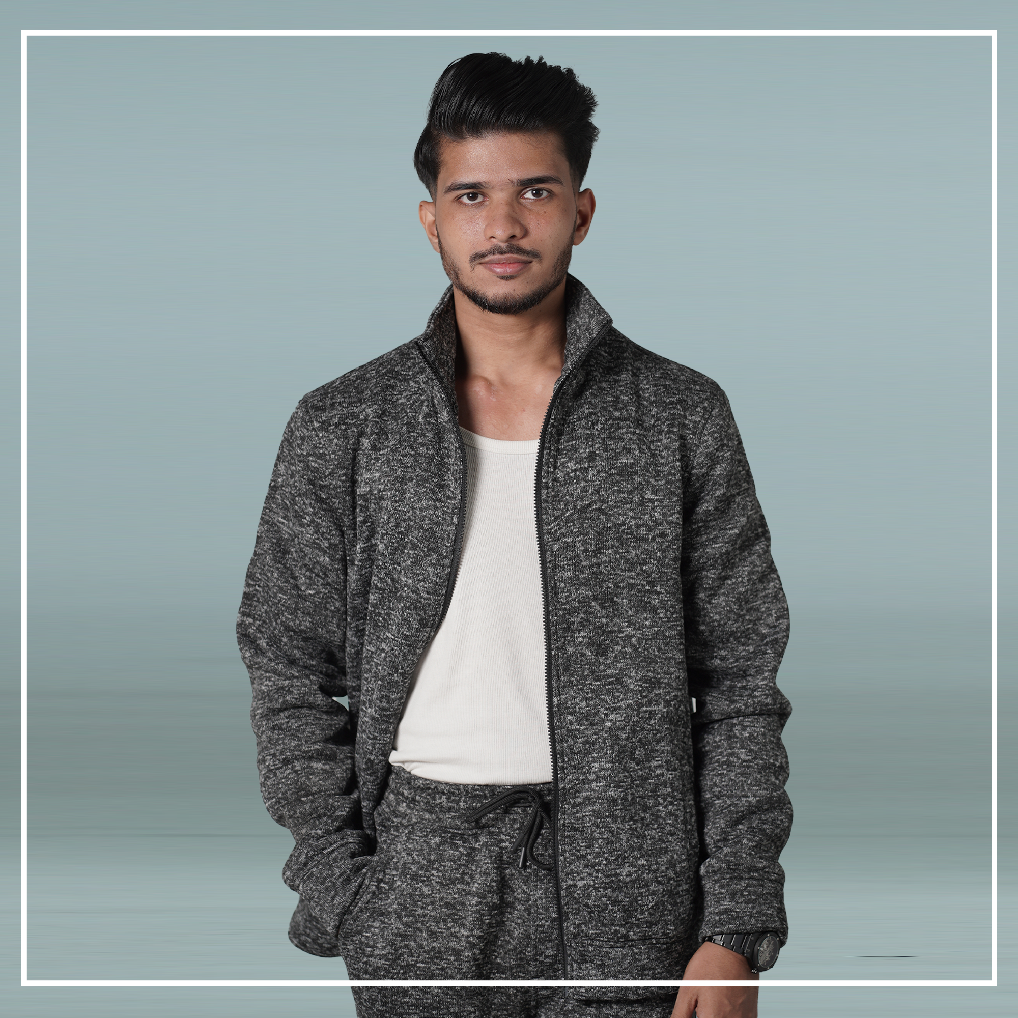 Black Melange Zipper Jacket