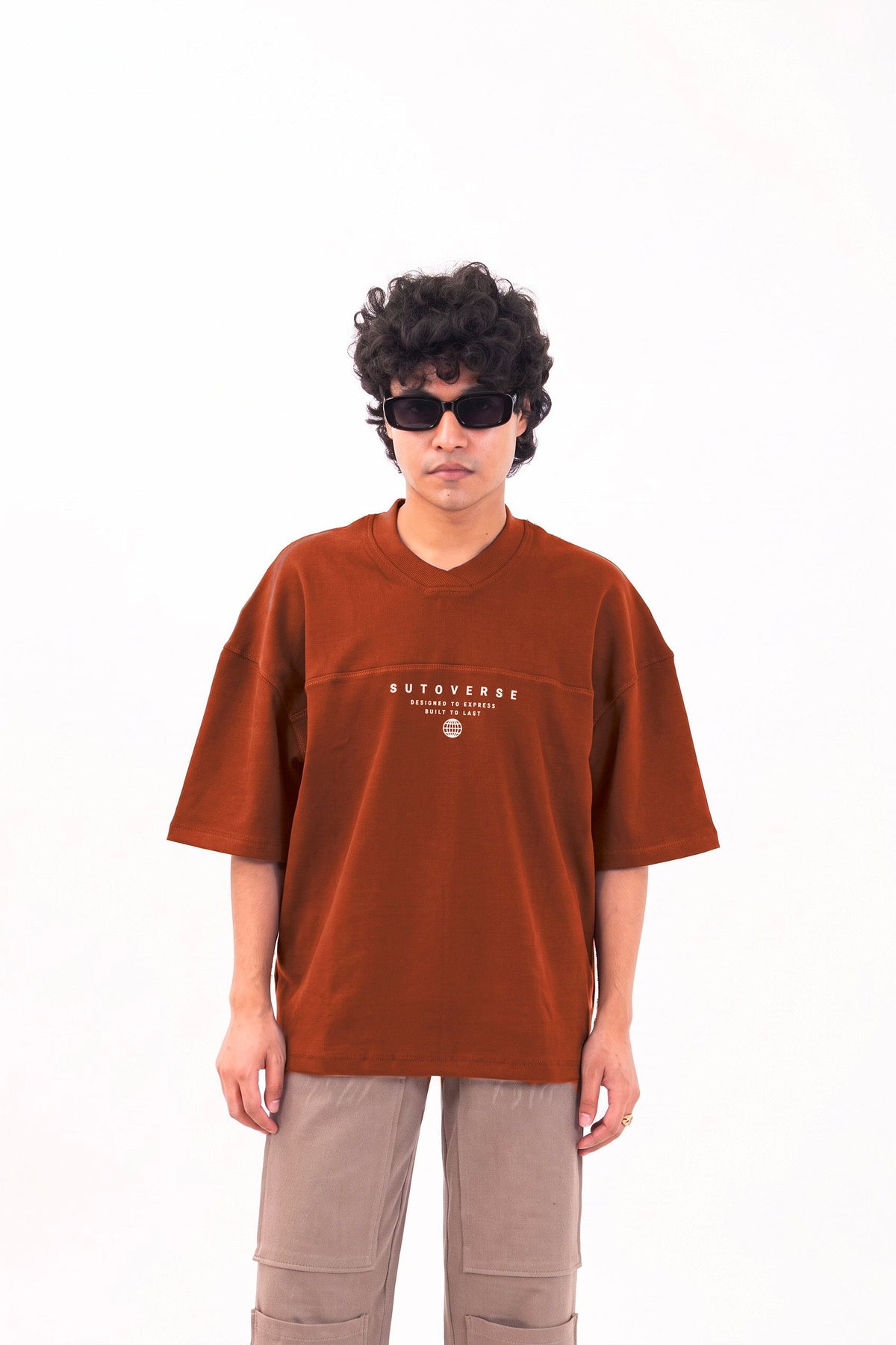 Brown oversized tee boxy fit - male model front view