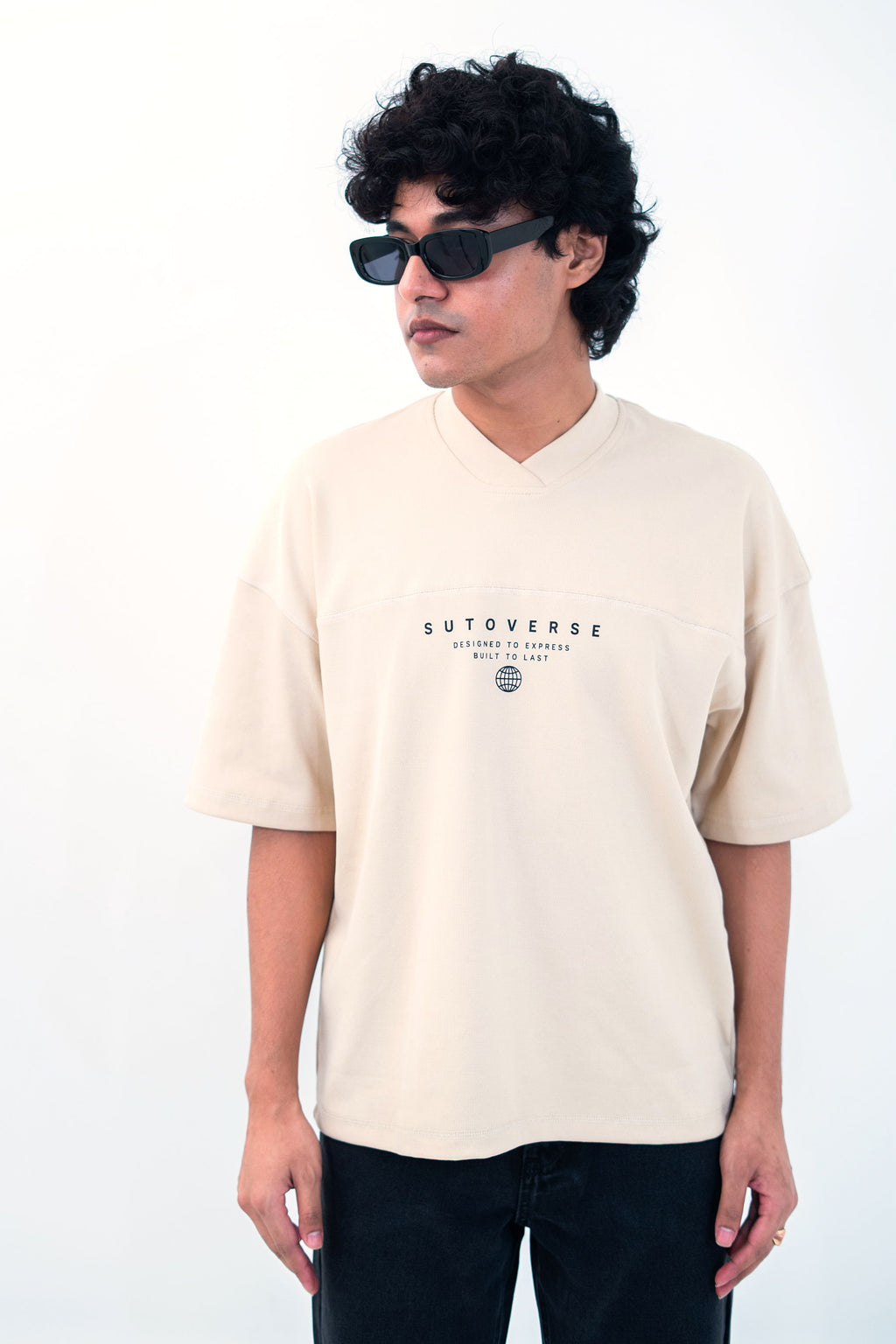 Cream oversized tee boxy fit - male model front view