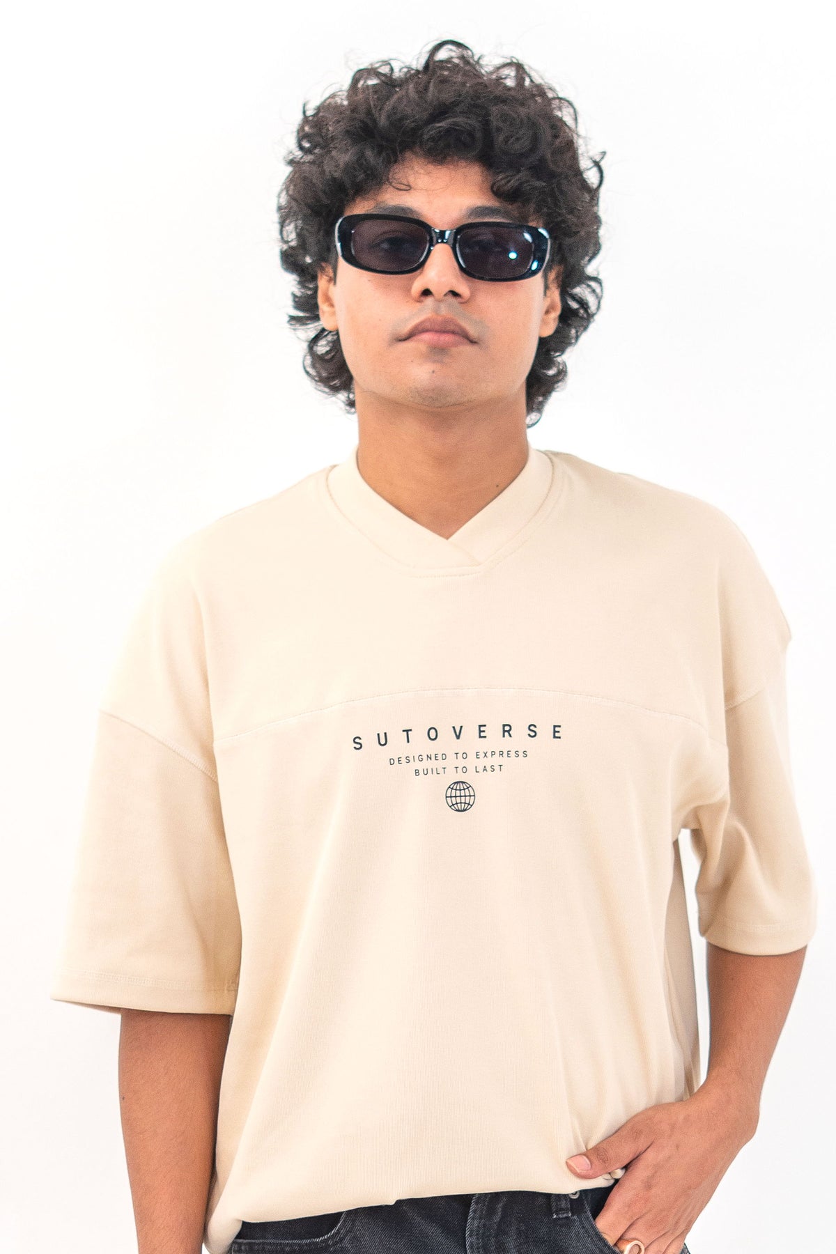 Cream oversized tee boxy fit - front view tee-focused
