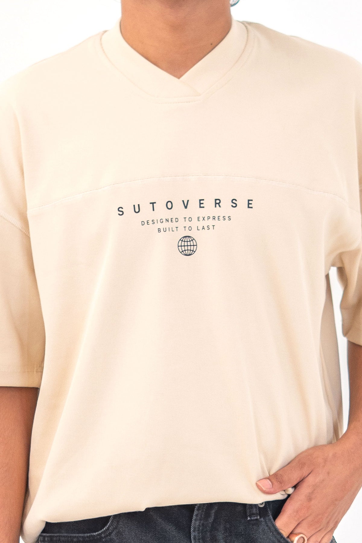 Cream oversized tee boxy fit - chest print and drop shoulder detail