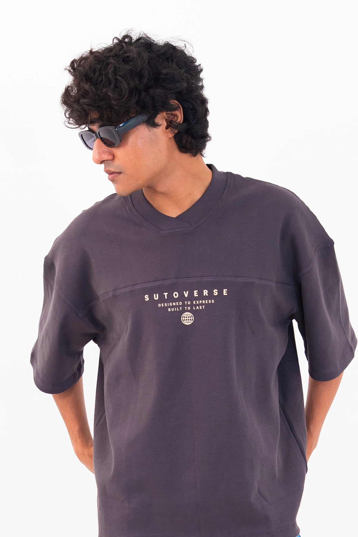 Dark Grey oversized tee boxy fit - male model side view