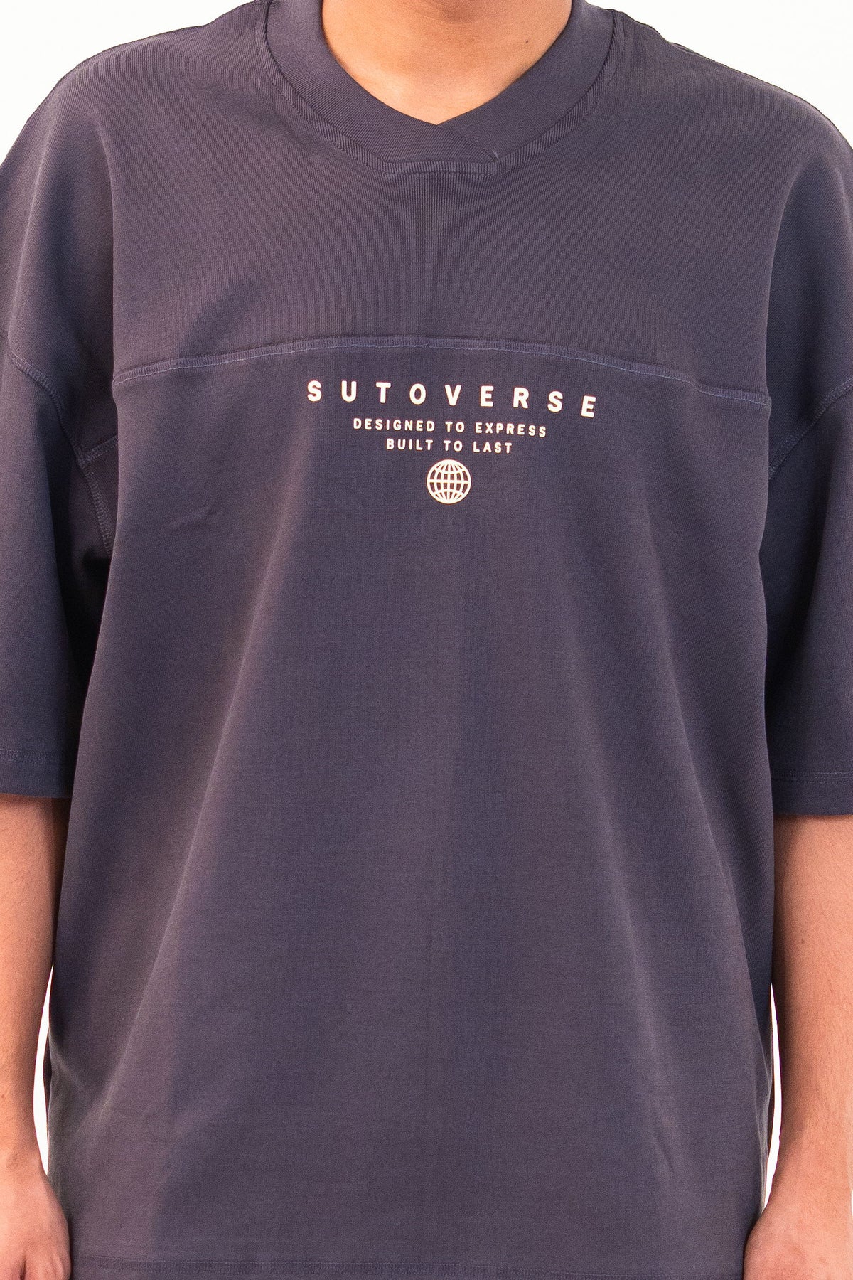 Dark Grey oversized tee boxy fit - SUTOVERSE chest print and V-neck collar detail