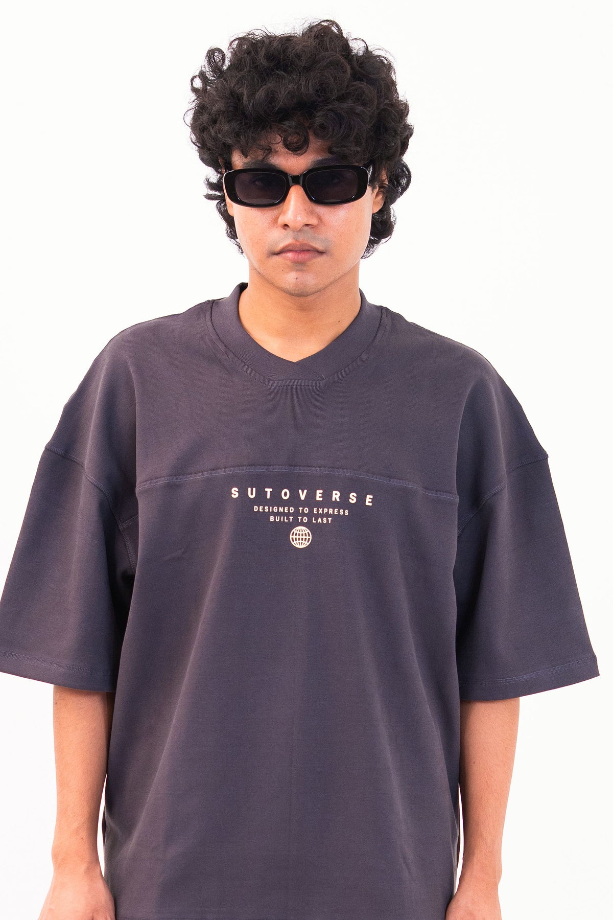 Dark Grey oversized tee boxy fit - male model front view