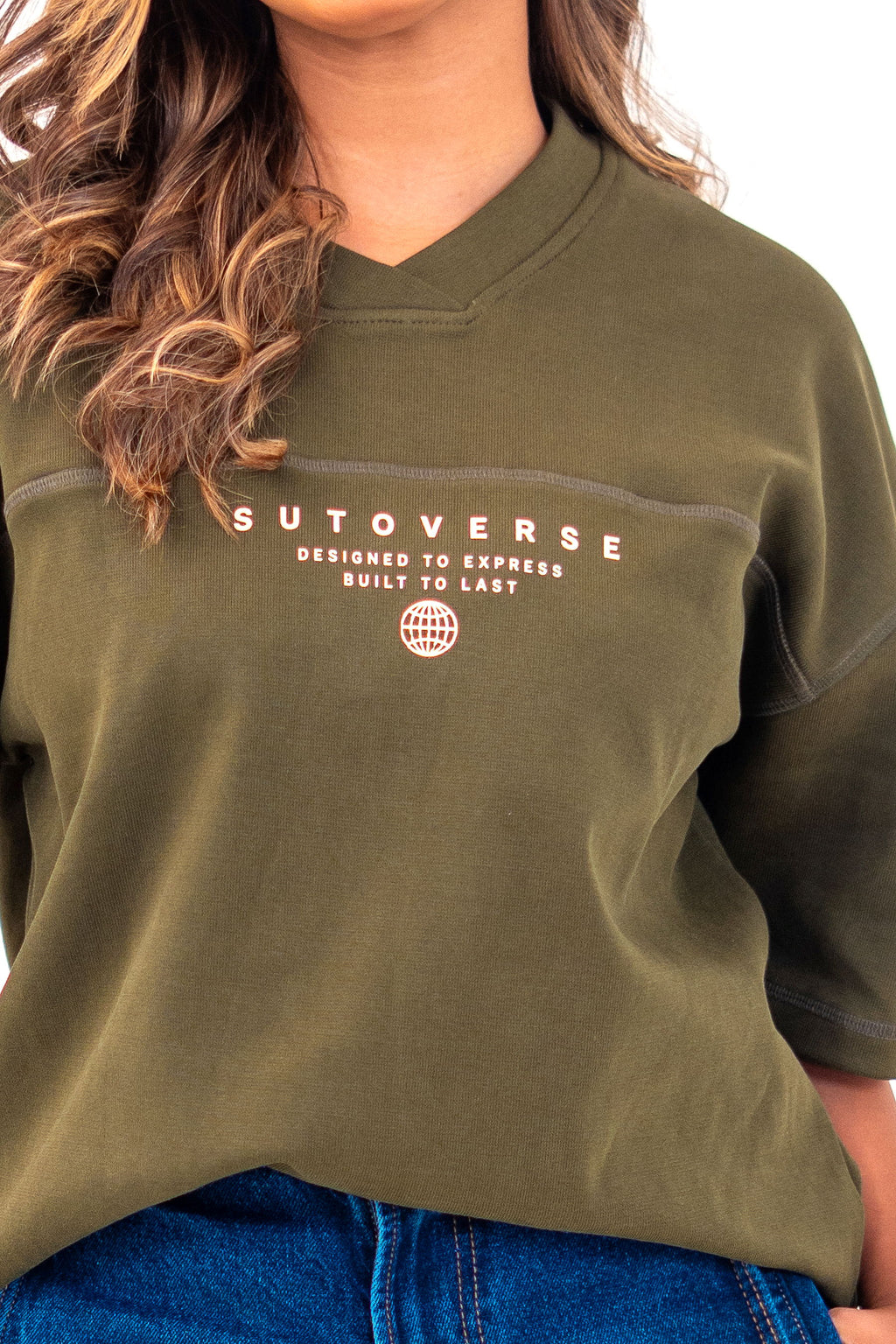 Olive oversized tee boxy fit - SUTOVERSE chest print and V-neck collar detail